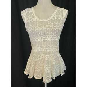 Zara Womens Solid White Lace Sheer Scoop Neck Fit Flare Tank Top Medium